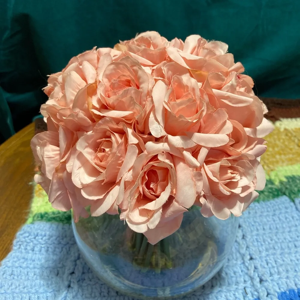 Round Pink Flower Clear Glass Fake Faux Arrangment